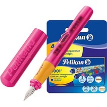 유럽 Pelikan - Pelikano Junior 왼손잡이용 만년필 P67 펜촉: A 배럴 색상: 핑크 대용량 잉크 카트리지 10개 GTP, 왼손잡이 카트리지의 경우, 분홍