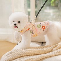 강아지패딩하네스 애견패딩 패딩조끼 겨울옷 꽃무늬, 베이지