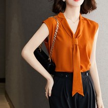민소매 여름 리본 주황색 실크블라우스 여성 스타일리쉬 우아한 반팔셔츠 상의 4801071171