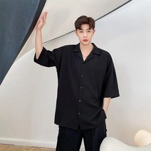 남성 4 부 소매 반팔 헐렁 한 여름 캐 주 얼 청년 셔츠 패션 남성 터 틀 넥 개성 화 된 셔츠 신형 짙 은 색