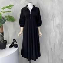 [행복여] 라쥬 반집업 카라 7부 소매 플레어 원피스