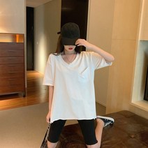 여성 구제 반팔티셔프 빈티지 포켓 브에넥 밑단트임