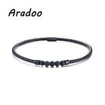 야구선수목걸이 ARADOO 44CM 티타늄 스틸 자석 버클 용암 화산 돌 음이온 에너지 가죽