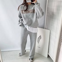 마이시즌 여성용 넘버 배색 기모 트레이닝 상하의 세트
