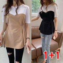 (2장 세트) 반팔 배색 레이어드 티셔츠 탑레이어T