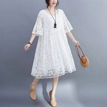 SJW 여름 여성 레이스원피스 라운드 7부 나팔소매 박시핏 무지 롱원피스 치마 빅사이즈 M~3XL 4컬러