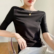 여성 인스타 셀럽 단아한 청담동 며느리룩 티셔츠 미니멀 솔리드 컬러 일자넥 5부 니트티