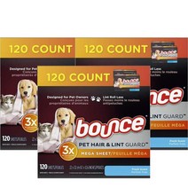 바운스 펫 헤어 린트 가드 메가 건조기시트 120정 Bounce Pet Hair Lint Guard Mega Dryer Sheets Fresh Scent, 3팩