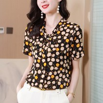 서양식 체리 프린트 리본 쉬폰 블라우스 여하 감령 날씬해 보이는 상의 디자인 셔츠