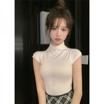 캡소매 니트 반폴라 편한 반목 탑 여름 반팔 여성 슬림핏 퍼프 티셔츠 데일리