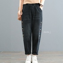 중년여성옷 라인 꽃 자수 기모 스판 배기 청바지 50대 엄마옷 마담 빅사이즈