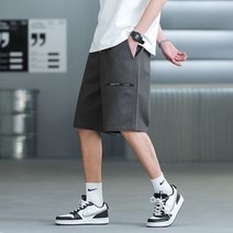 여름 캐주얼 반바지 남자 ins 퓨어 컬러 패치 와이드 일자 처짐 5부 트레이닝 팬츠