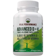 Advanced Vitamin D 5000 IU with All 3 Types of Vitamin K by Peak Performance. Vitamin D3 and Vitamin K2 K1 MK-7 (MK7) MK4 Supplement. 60 Small and Eas, One Size, One Color