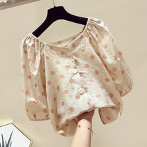 스타일아유 여름 반팔 밴딩 숄더 버튼 도트 블라우스