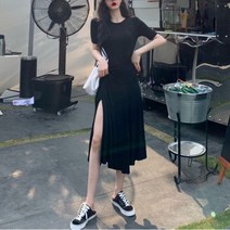 여자 깔끔한 블랙 반팔 옆 트임 포인트 원피스 카라 여성 치마 스커트 니트 미니 나시