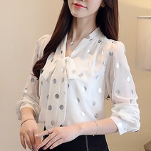 실사 ~ 221 가을 다림질 금색 블라우스 리본 칼라 긴팔 슬림핏 블라우스