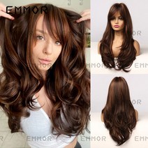 구미 가발 여풍공용 팔자 앞머리 다크브라운 선염 롱 웨이브 모발 고온사 wigs, 1 #