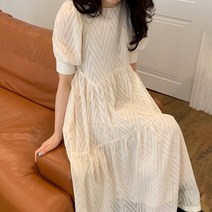 네추럴 빈티지 여성 반팔 롱 원피스 김다미 차정원 패션 스타일 퍼프 드레스