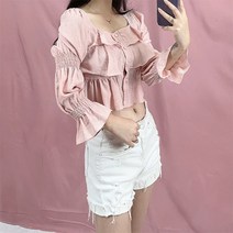오월 여성용 에르 크롭 프릴 스퀘어넥 스모크 밴딩 캉캉 셔링 쉬폰 긴팔 블라우스 (3color)