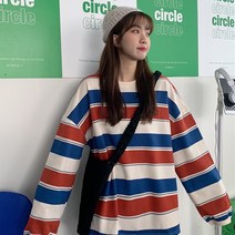 표시나 투컬러스 스트라이프 빅사이즈 오버핏 여성 맨투맨 긴팔 티셔츠