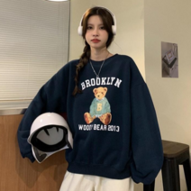 데이홀릭 여성용 봄 가을 겨울 도톰 라운드넥 캐주얼 브루클린 박시 곰돌이 기모 맨투맨