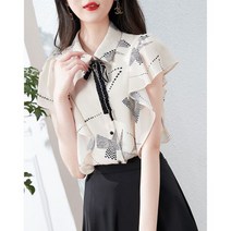 [이꾸띠] 마릿리 여름 2040 여성 버튼다운 카라 리본 포인트 부분 프릴 귀여운 스타일 원컬러 민소매 블라우스