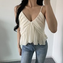 여성 브이넥 끈조절 쉬폰 프릴 나시 블라우스