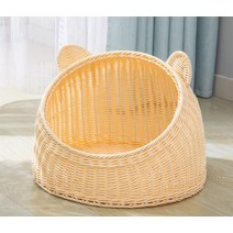 라탄 고양이 하우스 오픈형 물세탁 방석 먼지없는 고양이집 숨숨집, 베이지