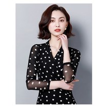 도레미 브이넥 도트무늬 메쉬 라틴 라인 사교 댄스복 상의 티셔츠