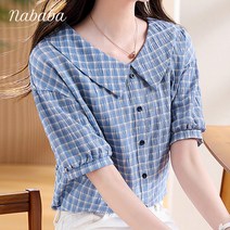 나바바 NB1608 여성 캐주얼 산뜻 체크 반팔 카라 셔츠