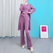 플리츠 3피스 세트 주름 바지 가디건 나시 라운드넥 일자 오피스룩 허리셔링 리본