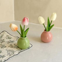 감성인테리어소품 기발한아이디어상품 예쁜인테리어가구 미니어처 셀프인테리어 소품샵 앤틱소품, 그린 + 파우더 와이드 화병 + 튤립 4개