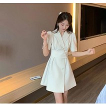 봄 여성 세련된 브이넥 A라인 폴리에스테르 반팔 미니 무지 하객룩원피스 빅사이즈 77 88