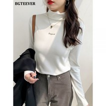 BGTEEVER 두껍고 따뜻한 티셔츠 여성 하프 하이 칼라 글자 프린트 풀오버 겨울 기본 상의