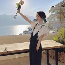 연꽃 잎 소매 흰색 셔츠 높은 허리 스트랩 바지 여성 여름 2022 느슨한 점프 수트 외국 스타일 연령 감소 그물 빨간 투피스 세트, 티셔츠 스트랩 바지 (세트), XL 130-145kg