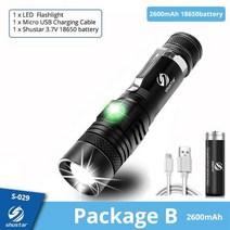 택티컬 울트라 밝은 LED 손전등 XP-L V6 램프 구슬 방수 토치 Zoomable 4 조명 모드 다기능 USB 충전, Package B-2600mAh, 스페인, T6-Low brightness