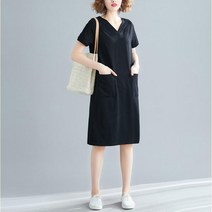 여성 여름 브이넥 반팔 포켓 미디 원피스 무지 홈웨어
