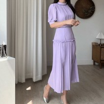 엘린무드 카르멘 연보라 셔링 퍼프 반팔 소매 퍼플 삥줄 플리츠 롱 맥시 키큰여자 봄 여름 화사한 하객 소개팅 원피스