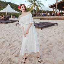 오프숄더 롱 원피스 펀칭레이스 드레스 여름 해외여행 비치 여신룩