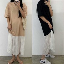 도도한나 빅사이즈 루즈핏 배색 밑단프릴 맨투맨 롱 원피스/블랙 베이지