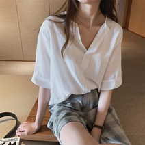 노카라 브이넥 반팔 블라우스 셔츠