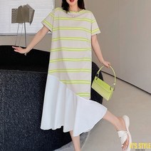 잇츠스타일 [L-3XL] 빅사이즈 롱티셔츠 쉬폰 형광 스트라이프 여름 반팔 원피스