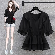 블랙반팔 v넥 프릴 슬리브 블라우스 허리라인 잡아주는 루즈핏 블라우스 뚱뚱한언니추천 빅사이즈셔츠