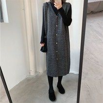 프리티글라라 브이넥 레이어드 니트 조끼 롱 원피스