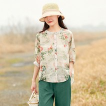 면 마 여성 여름 플라워 탑 고급 모시 블라우스 빈티지 린넨 셔츠