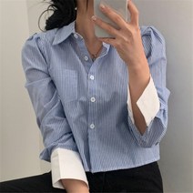봄여름 여성 블루 쇼트 셔츠 디자인감 작은 상의 줄무늬 긴 소매 베이스