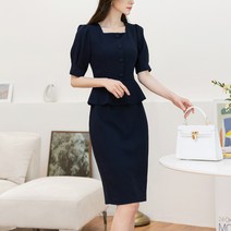 시크라인 서플리스넥 언발 페플럼 플리츠 플레어 원피스