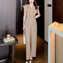 잇츠스타일 여성 V넥 쉬폰 프릴 민소매 우아한 중년 여성 캐주얼 점프수트 팬츠