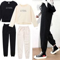 여성 데일리 세미크롭 긴팔 트레이닝복 세트 밴딩 조거팬츠 상하의세트