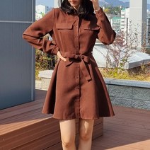 여성 Leaves 울 스웨이드 셔츠 카라넥 미니 원피스